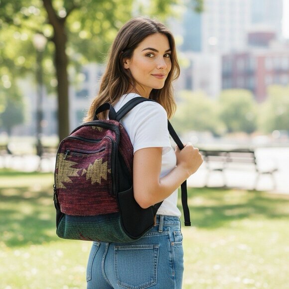 Art of Bags Handbags - Art of Bags Southwestern Woven Mini Backpack Red Green Gold Pattern Boho VG